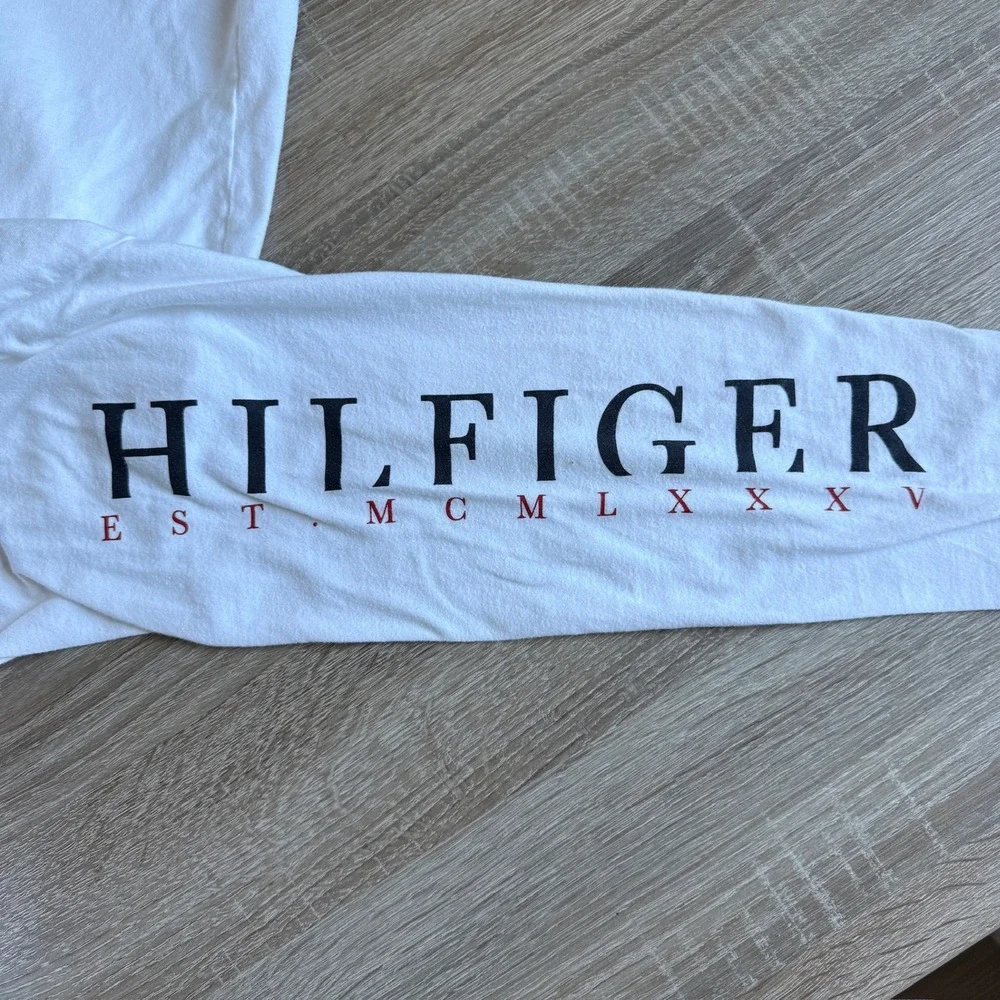 Tommy Hilfiger Mens White Long Sleeve Graphic T-Shirt Logo Sleeve 78J9601 Size M